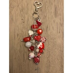Red White Heart Beaded Keychain Bag Charm